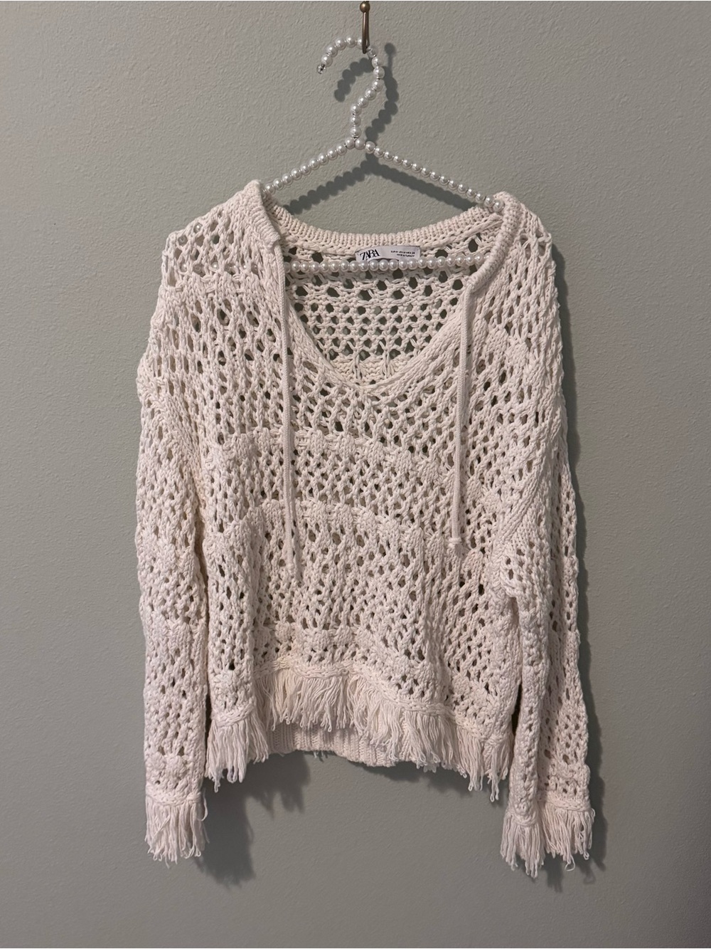 Zara Cream Open-Weave Fringe Pullover